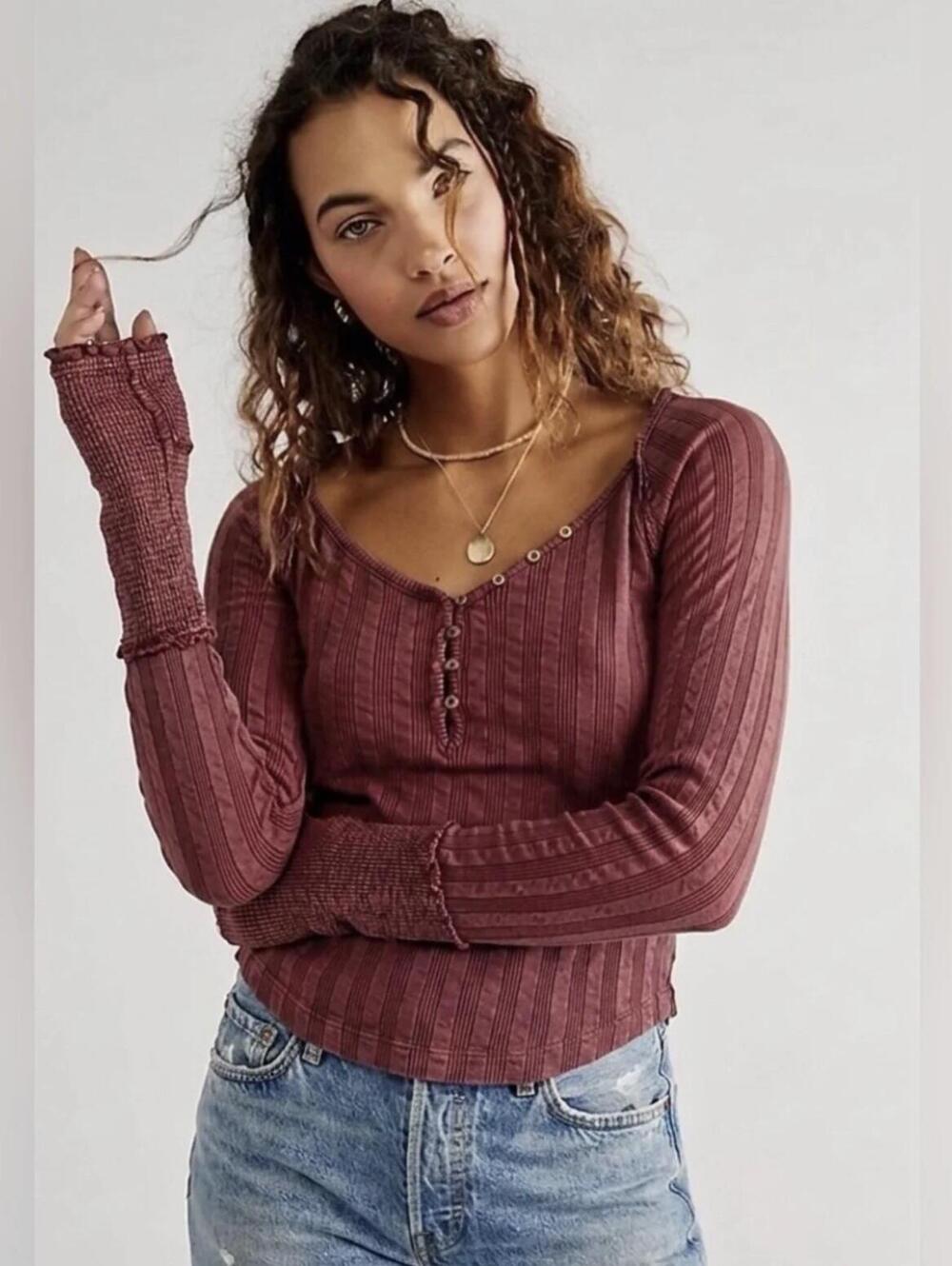 Free People We The Free Wild Hearts Ribbed Henley Maroon Size S